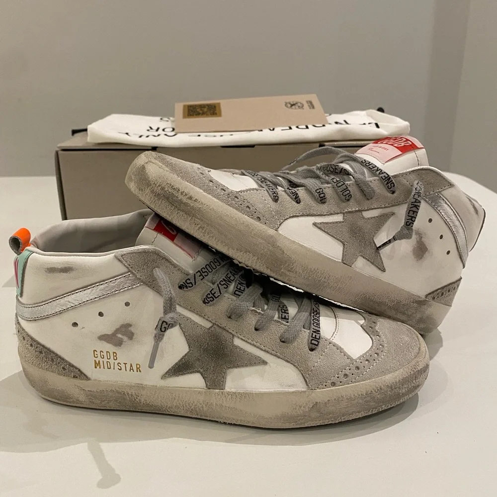 Golden Goose Mid Star Sneaker in White/Ice/Turquoise sz 38 New in Box - Picture 11 of 14